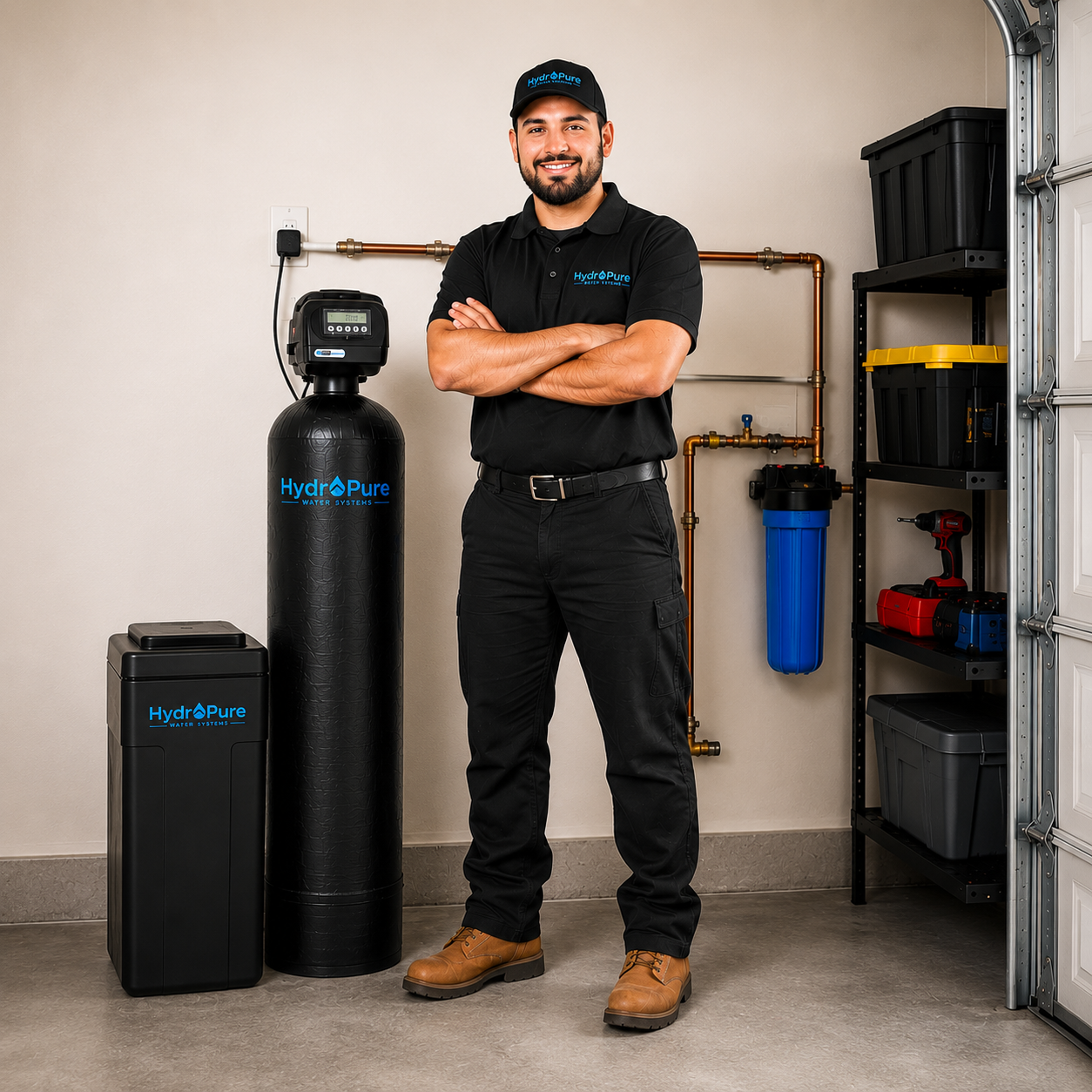 HydroPure technician standing next to an installed whole-home water softener and filtration system